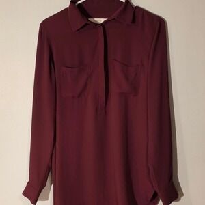 Ann Taylor LOFT Womens Small Burgundy Long Sleeve Utility Blouse Hidden Placket